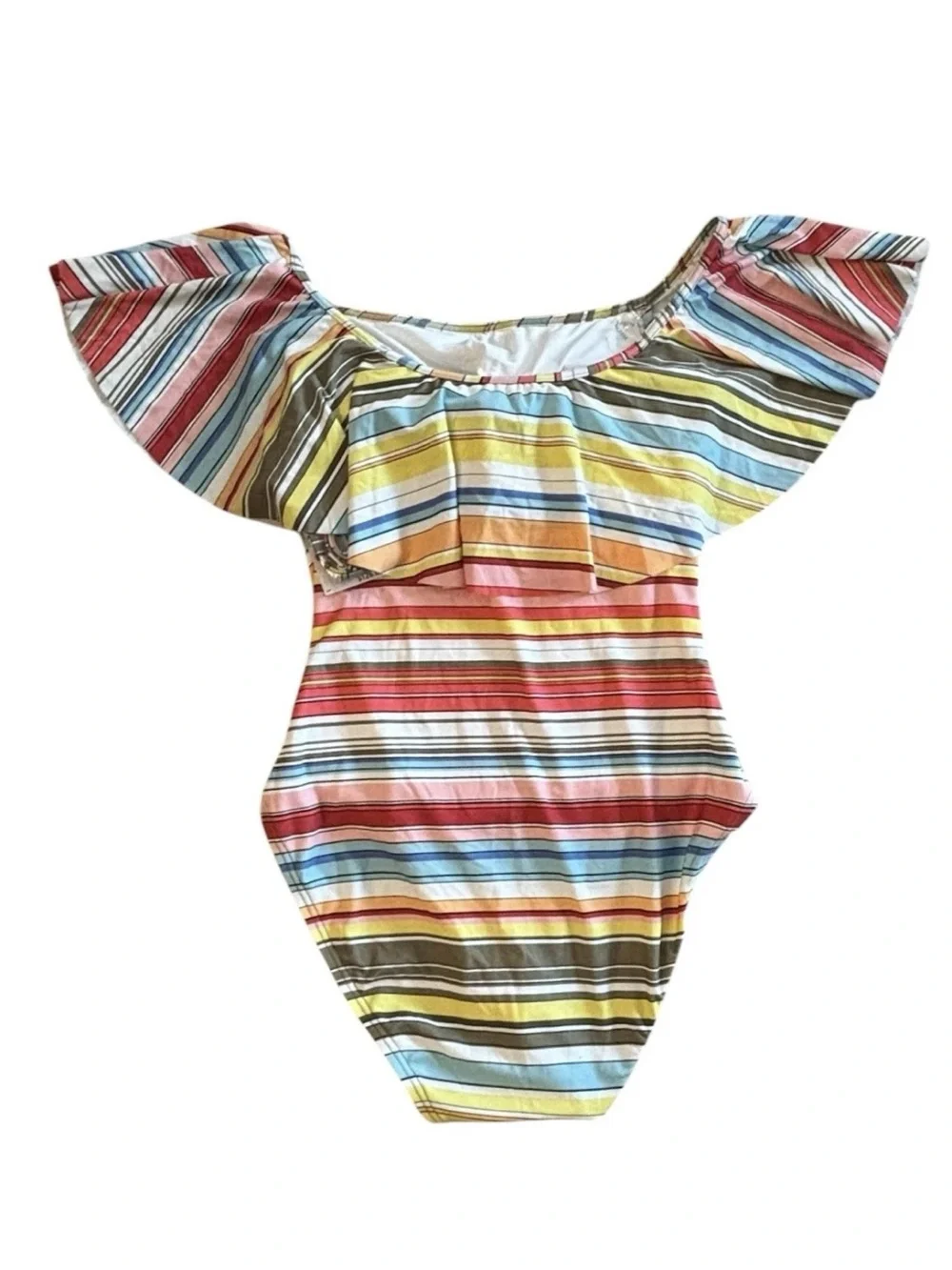 Vince Camuto Cruise White Multi Color Stripe One Piece Swimsuit Off Shoulder 8